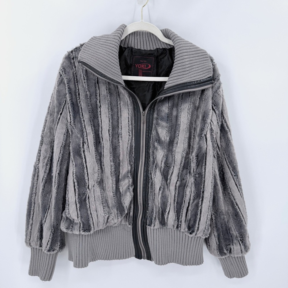 Yoki New York Grey Ribbed Faux Fur Bomber Jacket Zip Front Funnel Neck XL